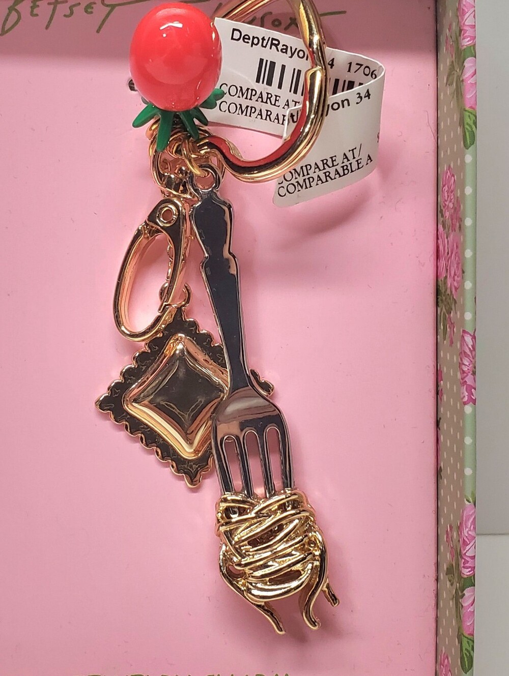 Betsey Johnson Red Cherry & Gold Fork and Charm Keychain
